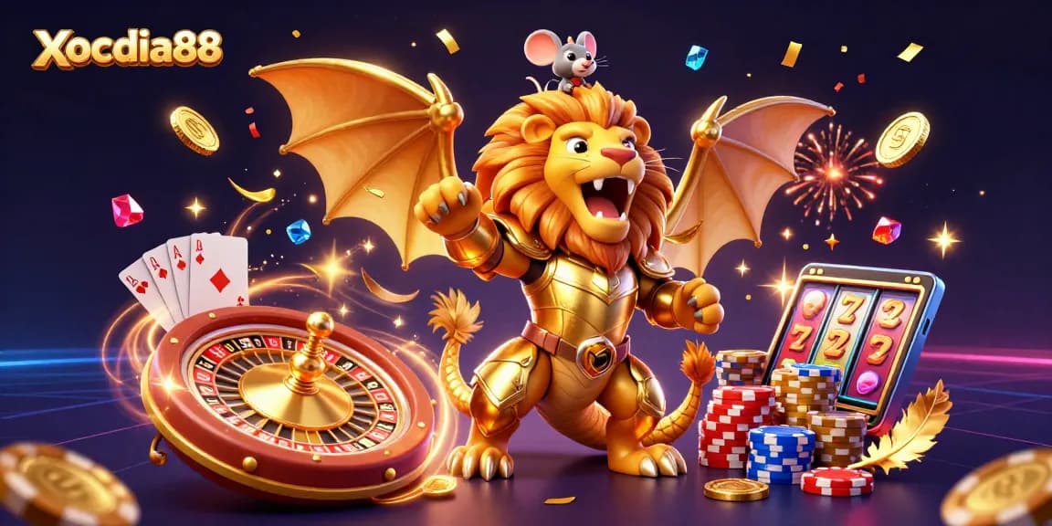 Xocdia88 showcases an epic casino adventure with a chimera character and dynamic game elements.