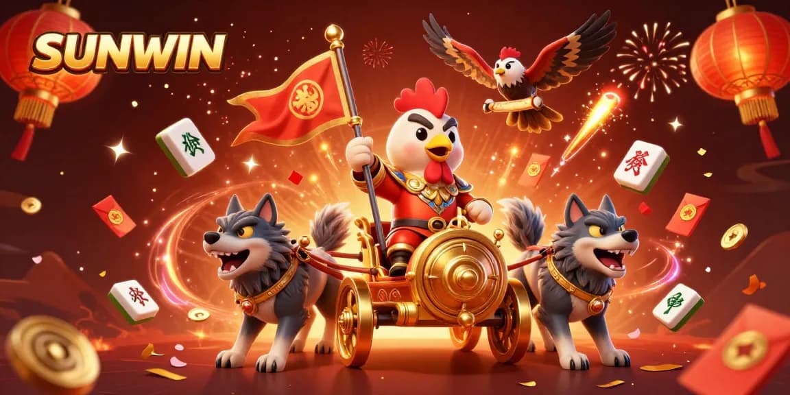 SUNWIN War chariot casino illustration depicts a rooster warlord and wolves amidst festive elements.