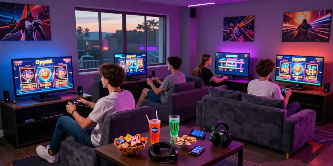Friends enjoying exciting gaming session on Oppa86 with colorful lights and snacks.