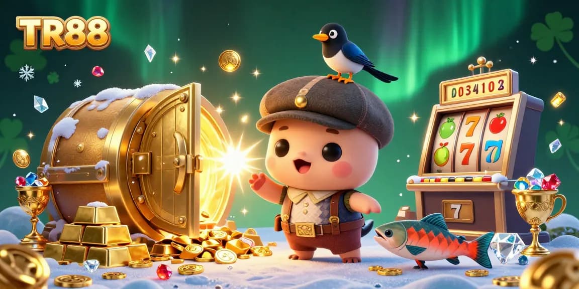 Spin the reels of luck and fortune with the enchanting TR88 cartoon scene filled with vibrant casino elements.