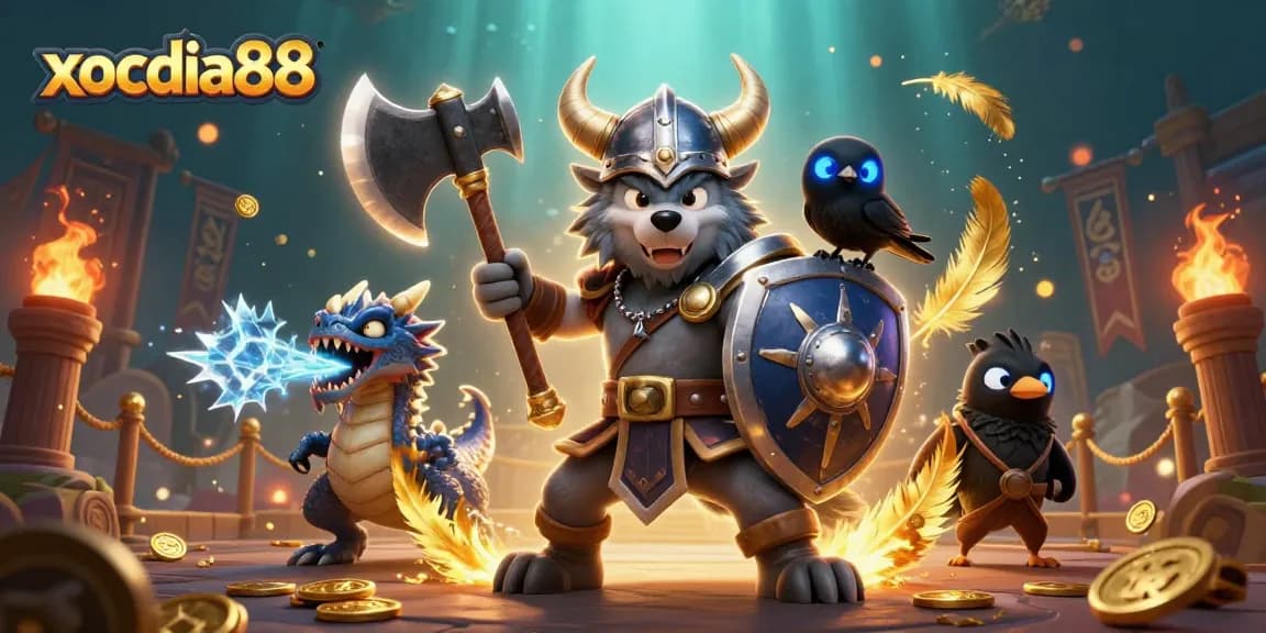 xocdia88 Viking wolf warrior battles with a dragon in an adventurous casino scene, showcasing dynamic gaming elements.