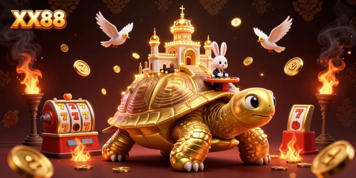 Join the excitement at XX88, featuring a golden tortoise with a casino palace and thrilling slot games!