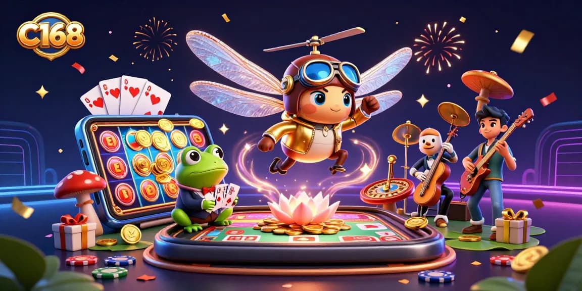 C168 dragonfly pilot and frog croupier in vibrant casino illustration with jazz musicians