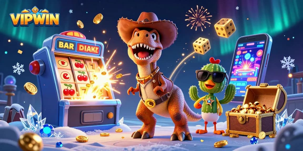 Win big at VIPWIN with lively casino games, capturing excitement in a dynamic 3D illustration.