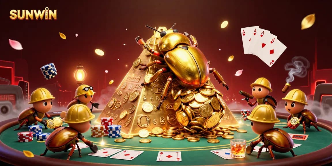 Engage in gambling excitement with SUNWIN featuring characters and poker elements in a rich, casino-themed scene.