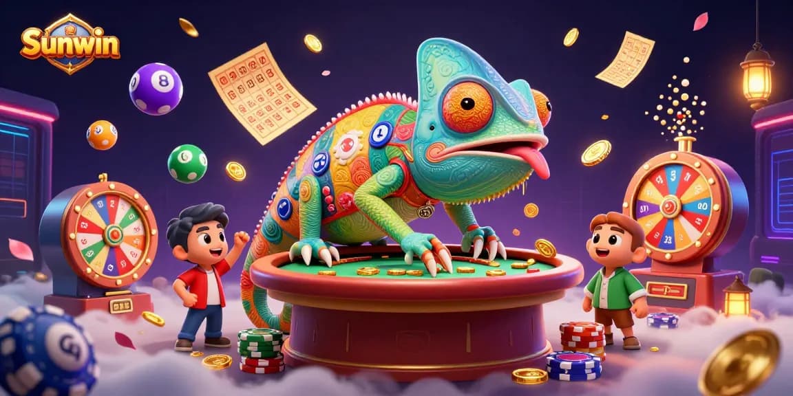 Sunwin chameleon casino owner snaps up golden coins amidst vibrant gaming elements.