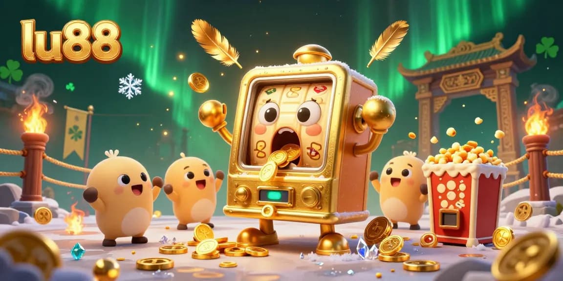 Engage with the thrilling lu88 casino experience through a lively scene of a joyful golden slot machine hitting a jackpot.