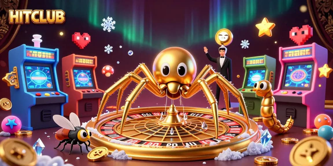 HITCLUB showcases a golden spider and centipede croupier amidst dynamic gambling action.