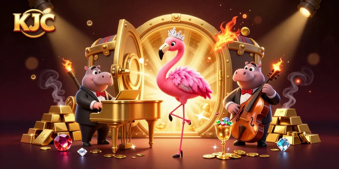 Experience the thrill of KJC with vibrant casino elements and lively characters in a 3D illustration.