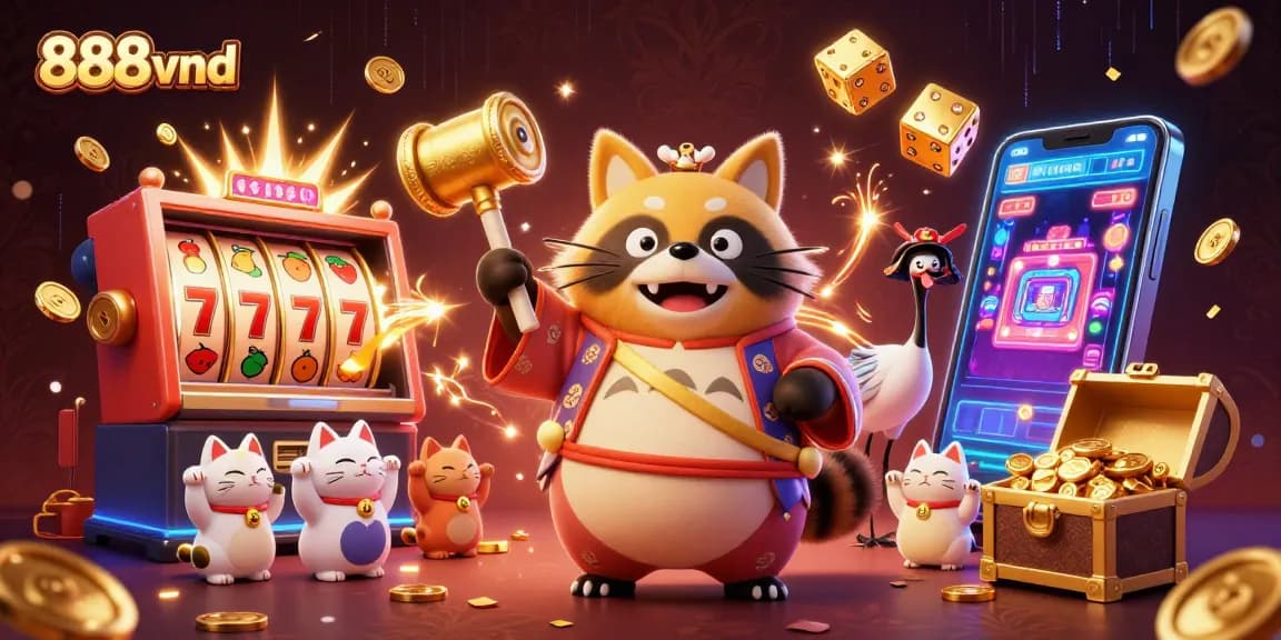 Experience exciting jackpots with 888vnd in this vibrant casino illustration featuring lucky elements and characters.