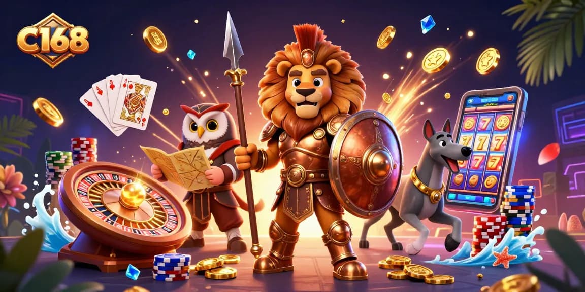 C168 offers thrilling gameplay with a vibrant 3D casino atmosphere showcasing dynamic characters and gold coins.