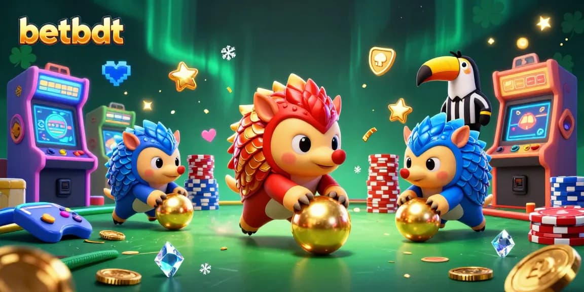 Engage in fun with betbdt as rival pangolins play in a colorful casino-themed arcade scene.