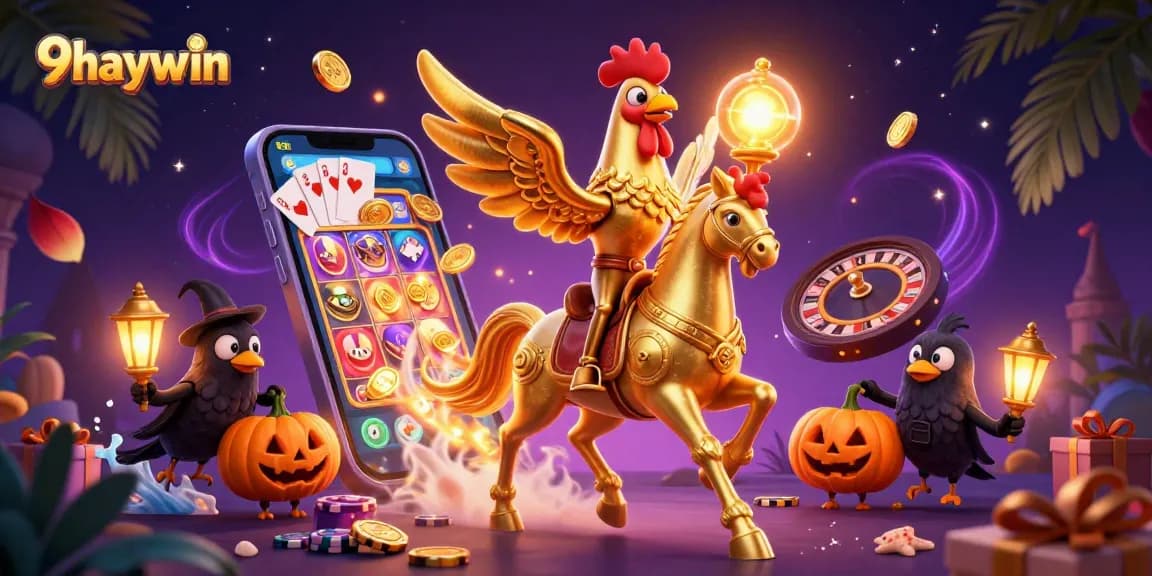 Experience thrilling gameplay at 9haywin with a vibrant golden rooster and mystical elements in this casino scene.