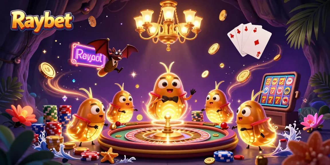 Experience Raybet's vibrant casino atmosphere with colorful chips, glowing characters, and dynamic game elements.