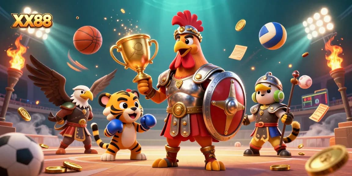 Experience thrilling gameplay at XX88 with a dynamic scene of a gladiator rooster and sports elements.