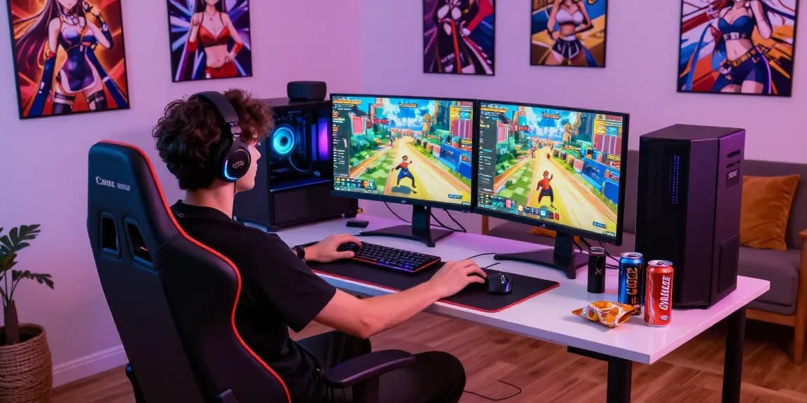 Immersive gaming environment with gamer playing real ecchi games on dual monitors.
