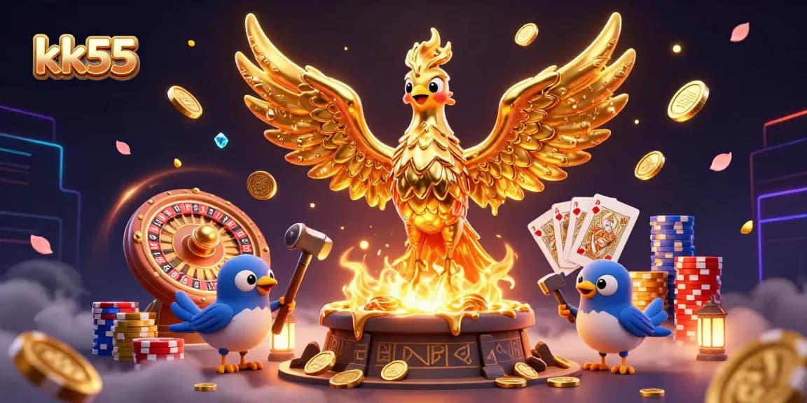Engage in thrilling gameplay at kk55 with a dynamic scene featuring a golden phoenix, casino elements, and sparkling gems.