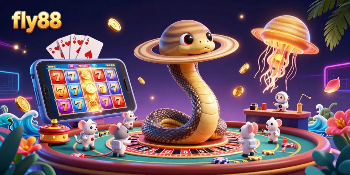 Play exciting games at fly88 with a vibrant roulette wheel and playful cosmic characters.