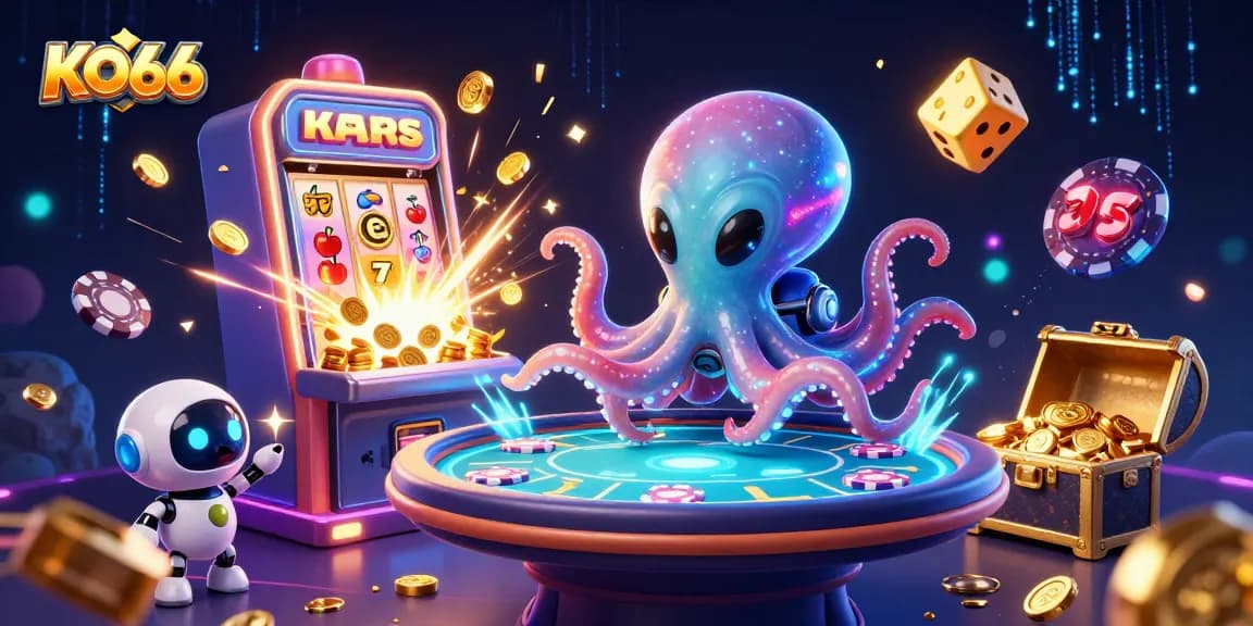 Experience KO66's thrilling gaming world with our vibrant 3D illustration featuring cosmic casino elements.