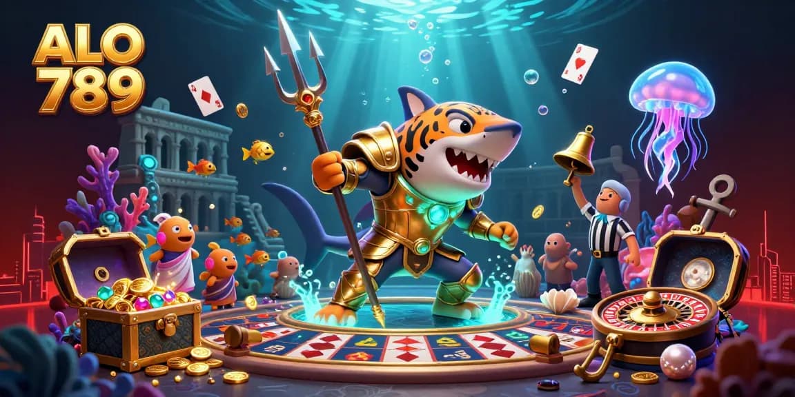 Engage with ALO 789's thrilling gaming atmosphere featuring a fierce shark gladiator in a dynamic underwater scene.