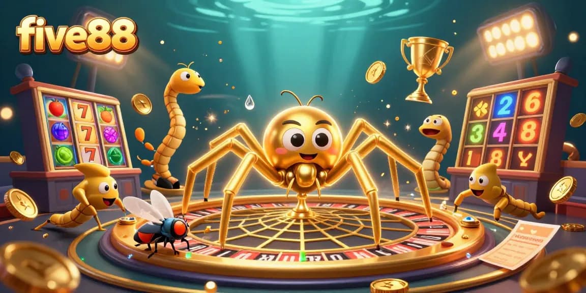 Bet on slots with five88's thrilling golden web roulette design featuring animated characters.
