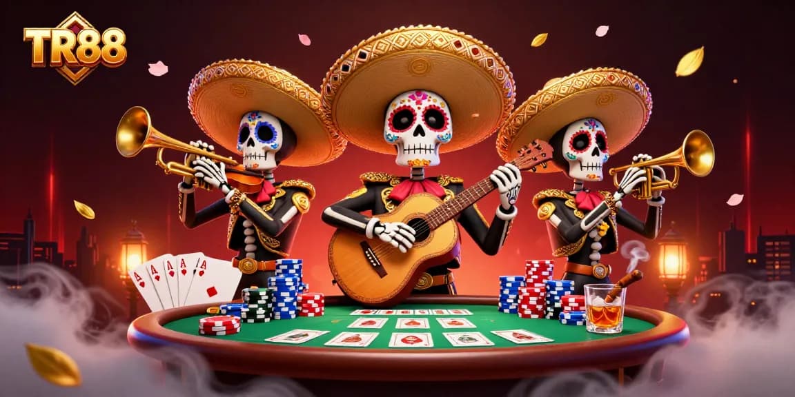 Experience the excitement at TR88 with colorful skeleton mariachi band and poker elements.