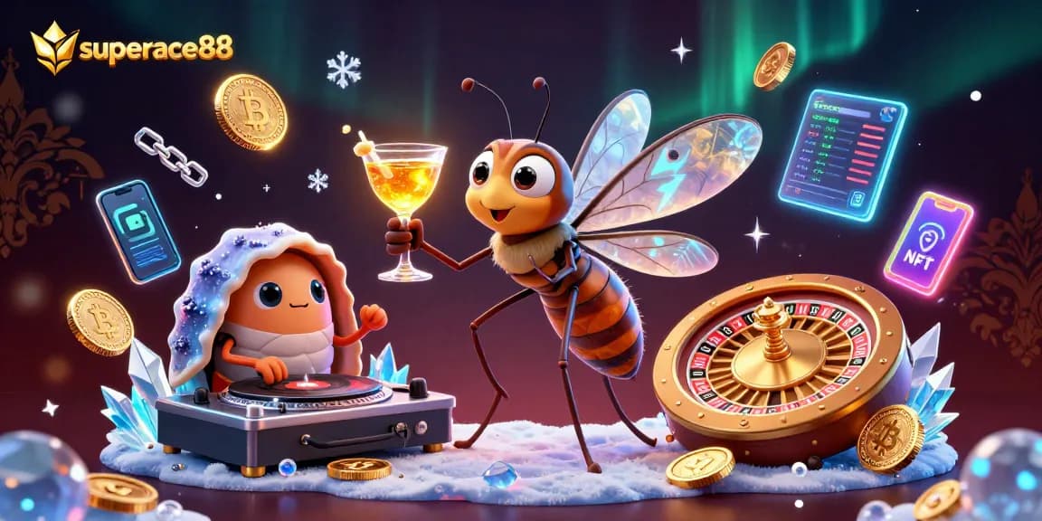 Experience thrilling casino vibes with superace88 as the frozen mosquito joins a trilobite DJ in vibrant 3D art.