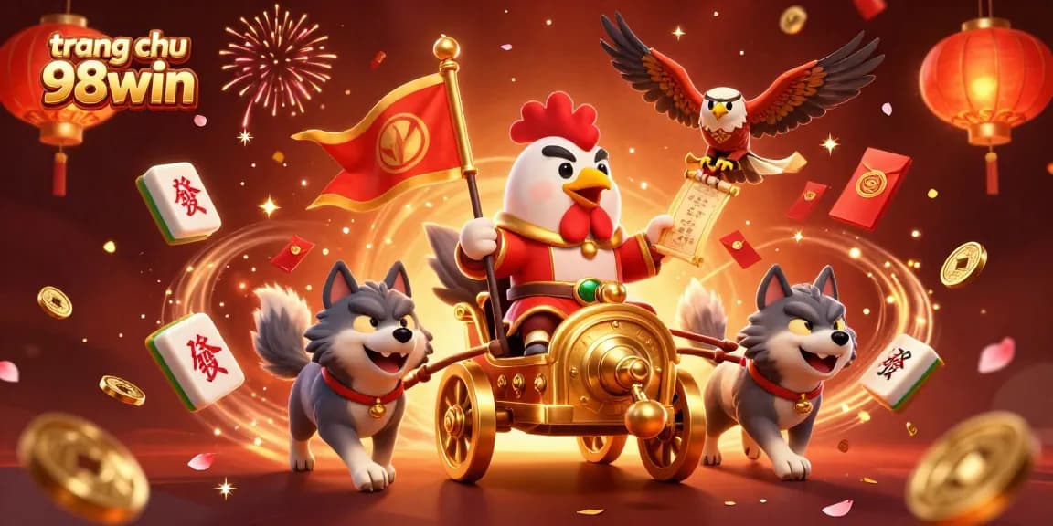 Experience thrilling games at trang chu 98win with the rooster warlord and festive decorations in this vibrant illustration.