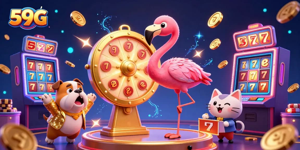 Spin the prize wheel at 59G casino with a lively bulldog contestant and a flamingo host.