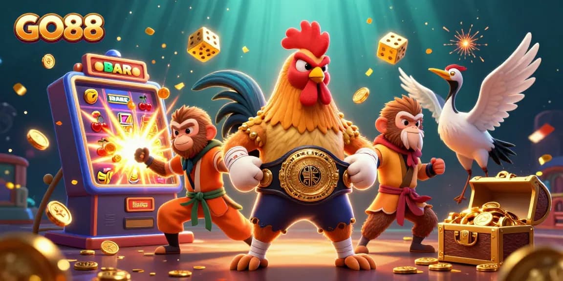 Experience the excitement of GO88 with a dynamic scene of casino games and winning symbols.