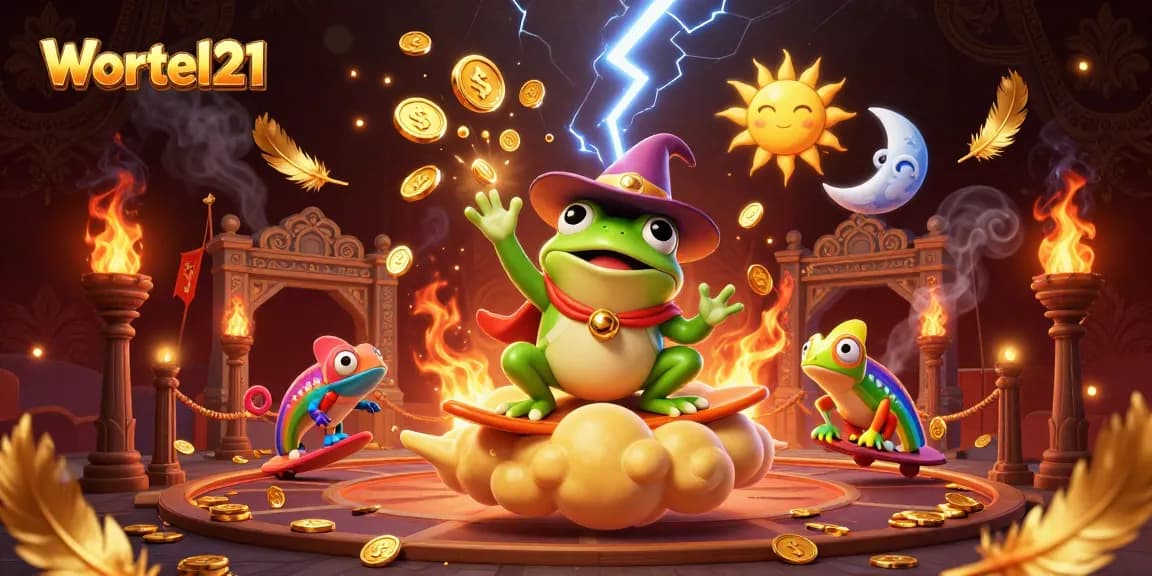 Wortel21 dazzles with a cartoon wizard frog conjuring gold coins in a vibrant casino scene.