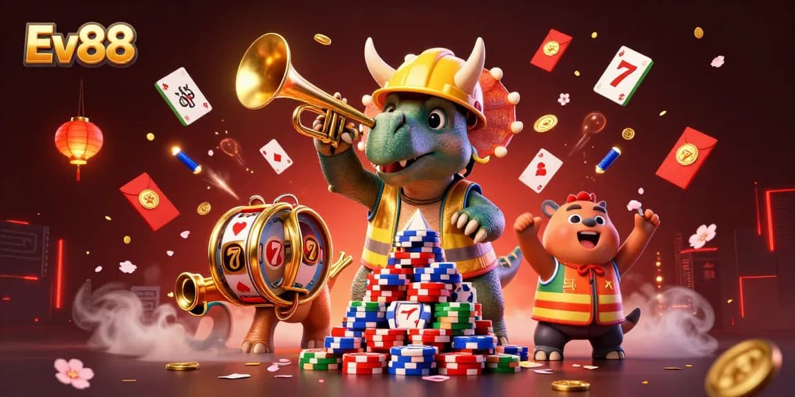 Ev88 brings excitement with a vibrant scene of a triceratops celebrating at a casino!