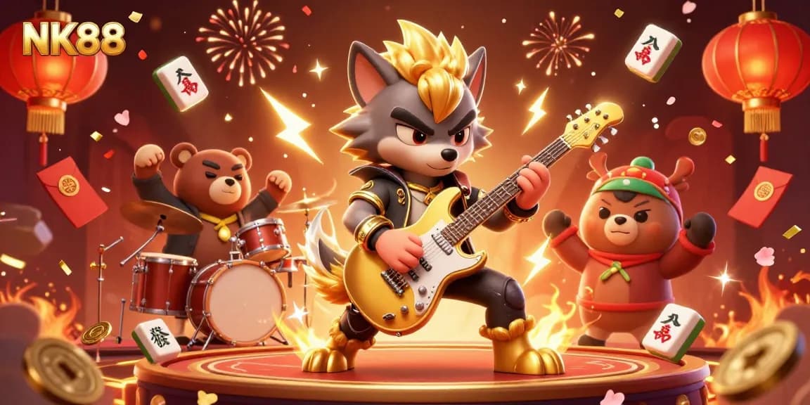NK88 captures thrilling casino excitement with a lively rock star wolf and drummer bear in a vibrant stage illustration.