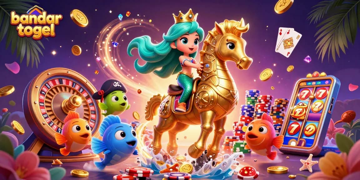 Engage with bandar togel in this vibrant 3D scene featuring a mermaid and gaming elements.