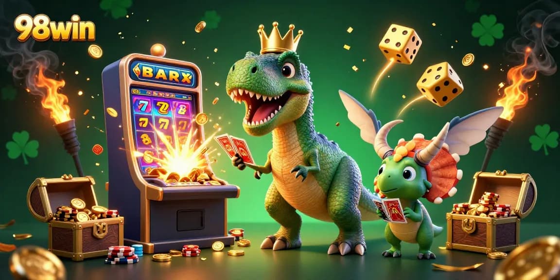 Join the fun at 98win as a friendly T-Rex shuffles cards amidst a jackpot explosion of coins.