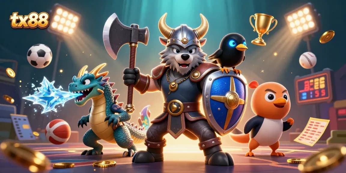 Engage in thrilling tx88 gaming with Viking warrior, dragon, and atmospheric sports elements.