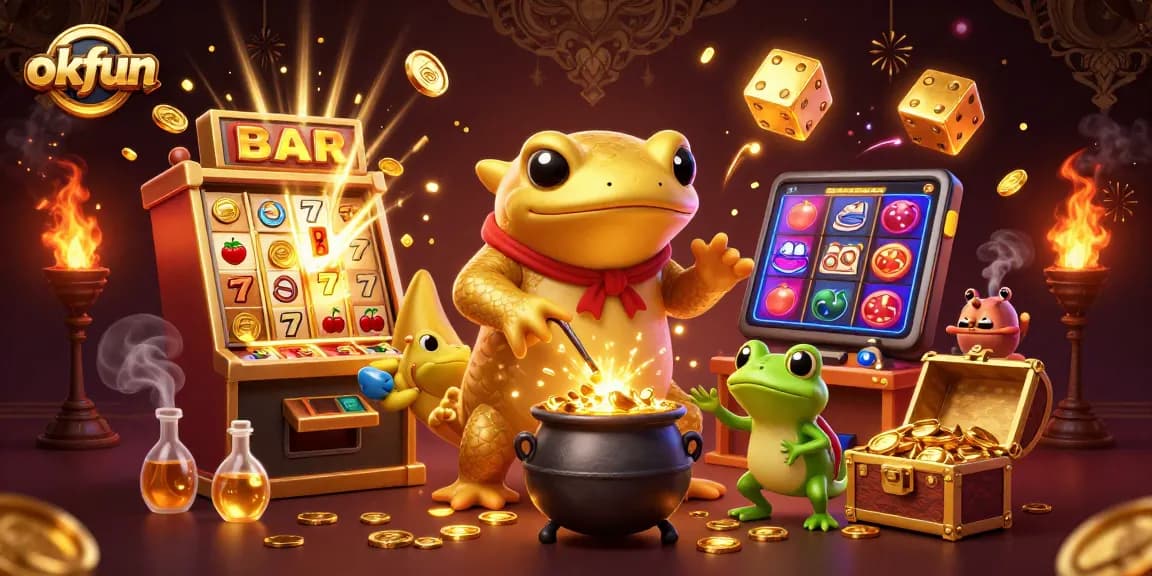 Engage with okfun's thrilling gaming world featuring a giant salamander alchemist transforming metals into gold.