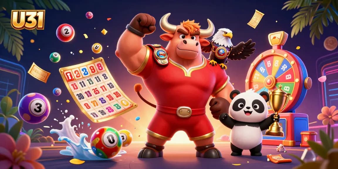 U31 casino features an energetic scene with a victorious bull and golden prizes amidst a dynamic gaming atmosphere.