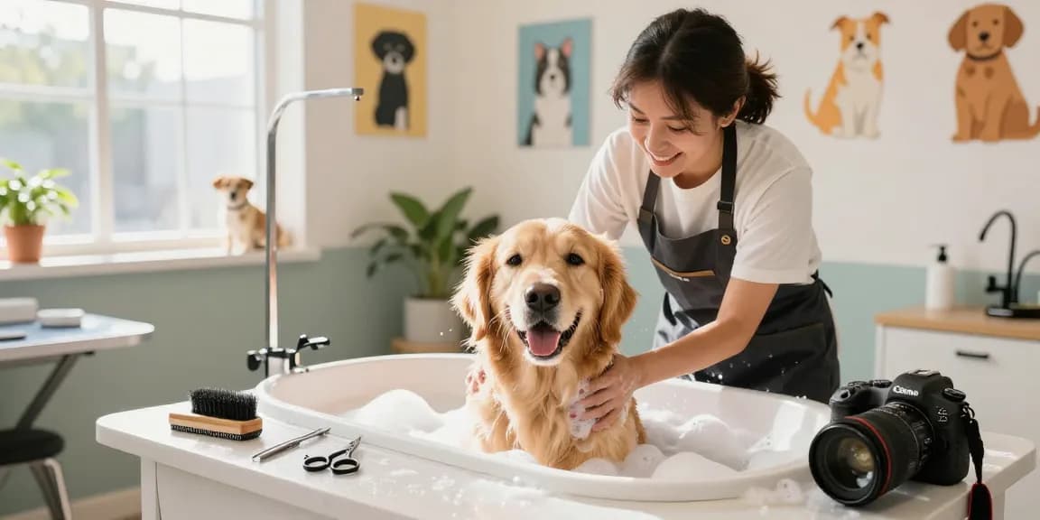 Happy golden retriever being groomed by a local groomer in York, showcasing a caring and inviting dog grooming salon atmosphere