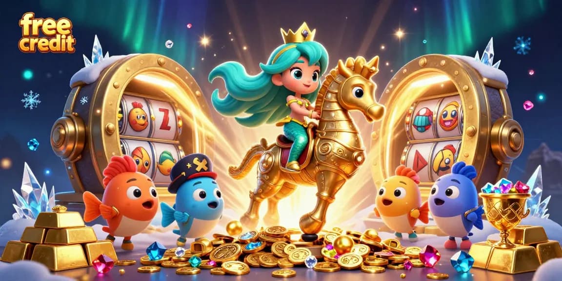 Experience free credit opportunities at top online casinos with vibrant characters and game elements.