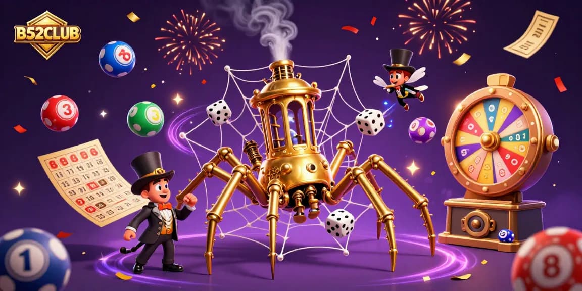 B52CLUB catches lucky dice in a vibrant steampunk web of golden chains displaying gaming action.