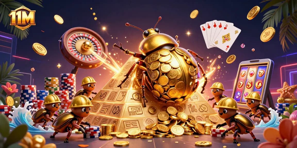 Spin and win big with 11M's golden beetle casino adventure, showcasing dynamic gaming elements.