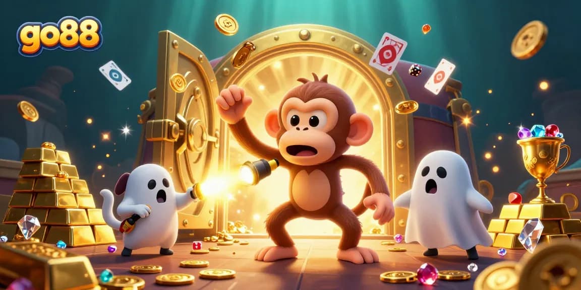 Join go88's haunted casino adventure featuring a playful monkey and curious puppy discovering treasures.