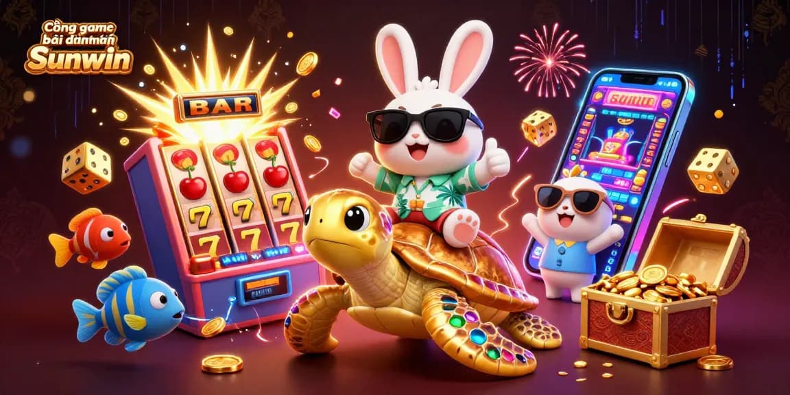 Cổng game bài đổi thưởng Sunwin showcases a vibrant scene with a lucky rabbit and golden sea turtle surrounded by casino elements and dynamic effects.