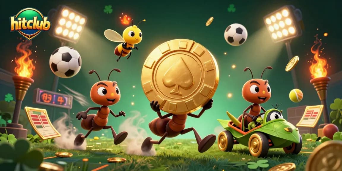 Hitclub ants carry a giant poker chip in a vibrant casino adventure filled with gold coins and trophies.