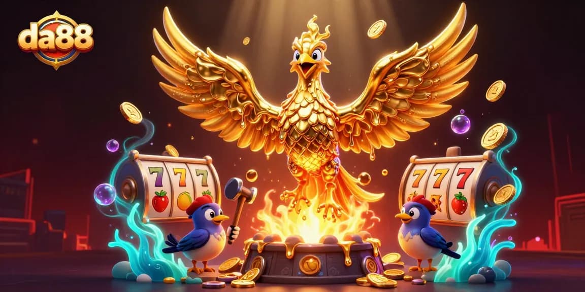 Spin the da88 slots with exploding gold coins and vibrant gaming elements in a dynamic casino scene.