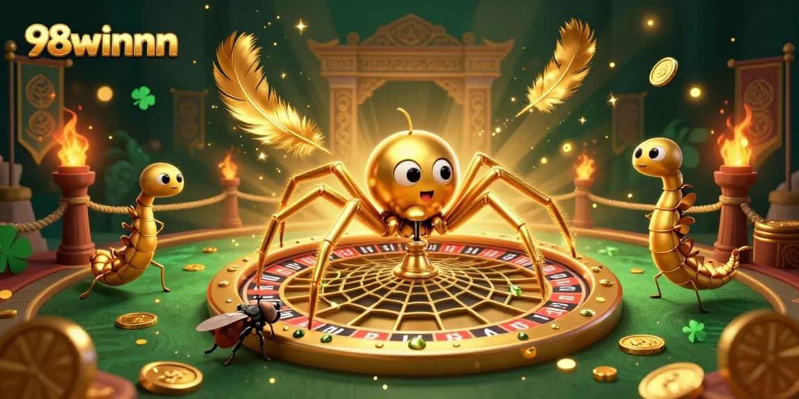 Experience the thrill of betting at 98winnn as the golden spider spins a roulette wheel.