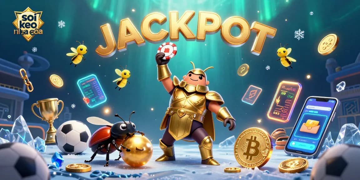 A 3D cartoon scene of soi keo nha cái with a beetle in gladiator armor lifting a poker chip in victory.