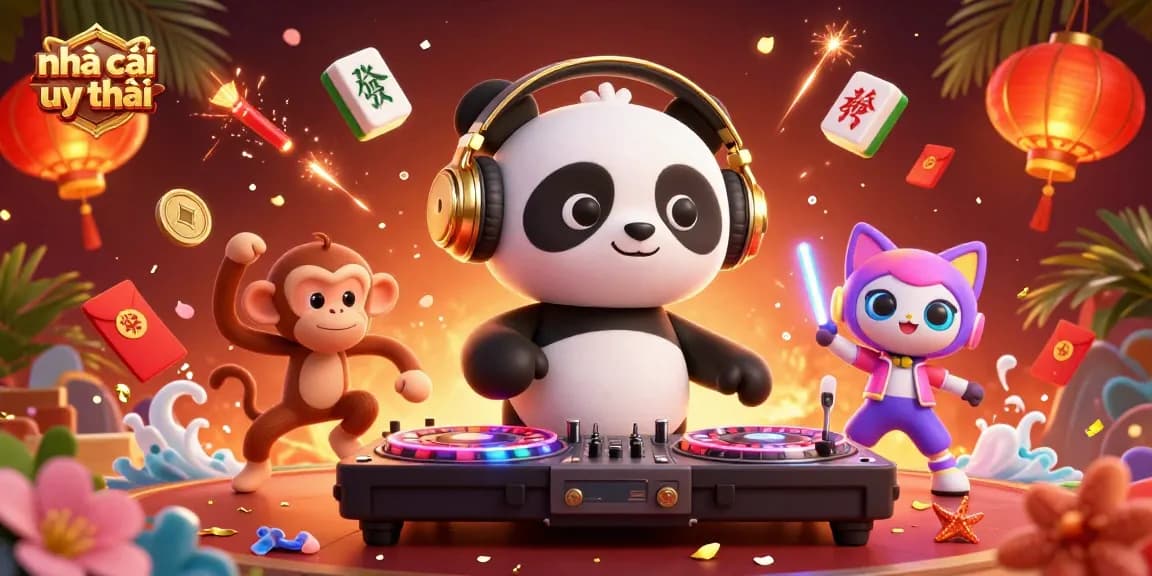 Experience dynamic fun with nhà cái uy tín elements featuring a DJ panda, dancing monkey, and rave kitten!