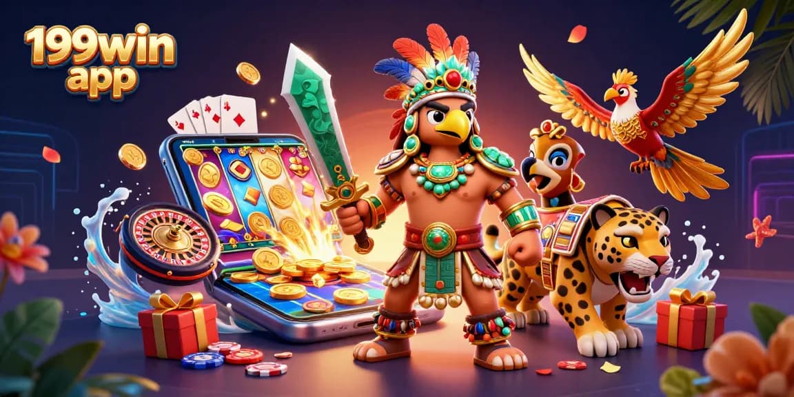 A dynamic scene of the 199win app showcasing vibrant slot game action with immersive characters and casino elements.